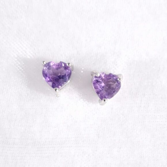 Amethyst Hearts 6mm Earrings in Sterling Silver - Picture 1 of 4